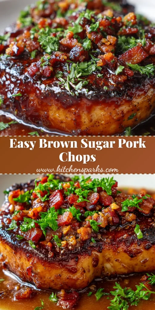 A perfectly cooked Brown Sugar Pork Chop on a white plate, coated in a sticky glaze and topped with crispy bacon and fresh parsley.