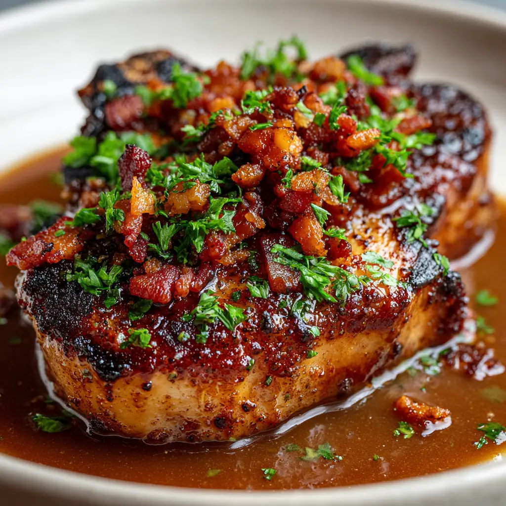 A finished plate of Brown Sugar Pork Chops, garnished with crumbled bacon and chopped parsley, resting in a pool of caramel sauce.