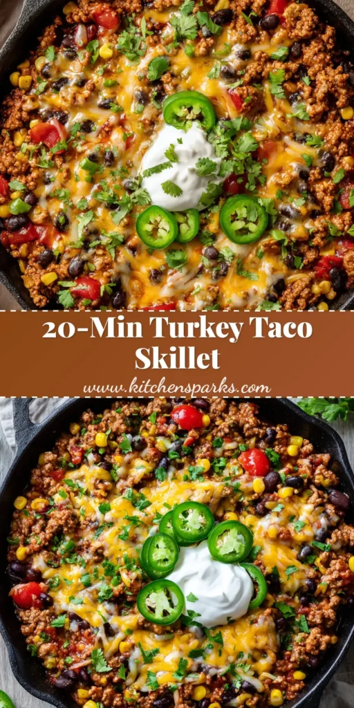 An overhead shot of a vibrant ground turkey taco skillet in a black cast iron pan. The skillet is topped with melted cheese, a dollop of sour cream, fresh cilantro, and sliced jalapenos.