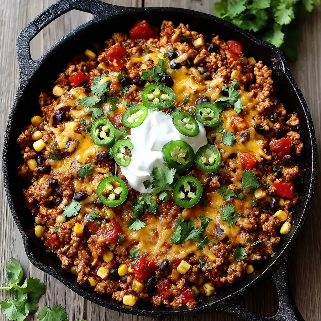 A black cast iron skillet filled with seasoned ground turkey, corn, and beans before the cheese has been added. The ingredients are simmering together.