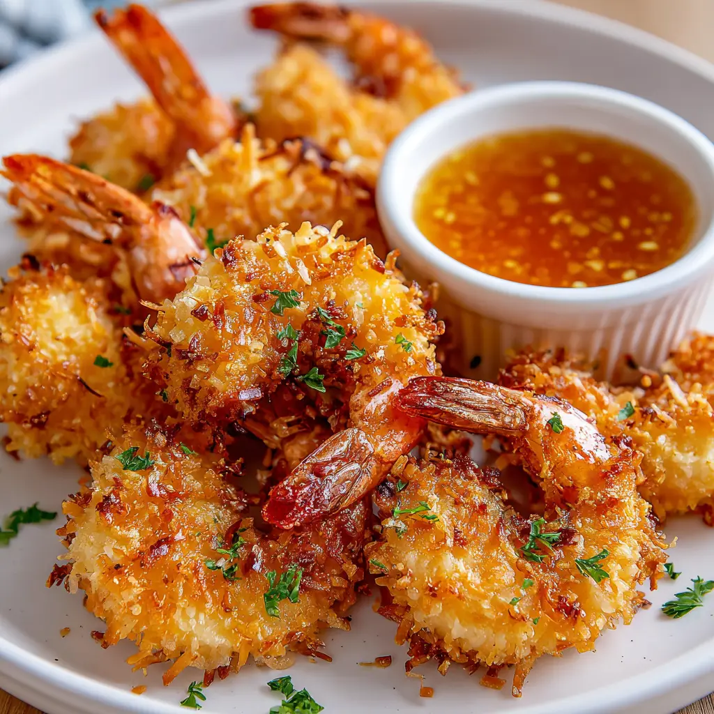 A neat pile of fried coconut shrimp on a white ceramic plate with tails curled, alongside a ramekin of thick orange dipping sauce and a parsley garnish.