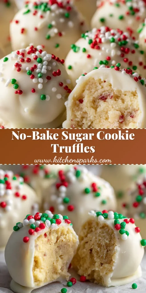 Bite-sized Sugar Cookie Truffles coated in white chocolate with red, green, and white sprinkles on a baking sheet.
