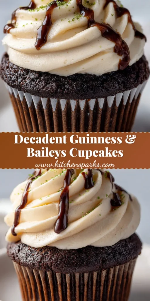 A rich dark chocolate St Patricks Day Cupcake with Baileys buttercream, a surprise Jameson ganache filling, chocolate drizzle, and green sprinkles, shown on a white plate.