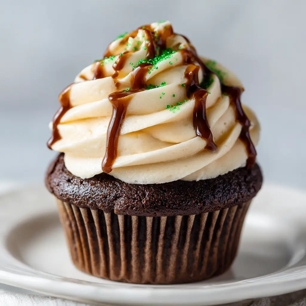 A close-up shot of a St Patricks Day cupcake cut open to reveal a glossy dark chocolate ganache filling inside its moist Guinness chocolate cake base.
