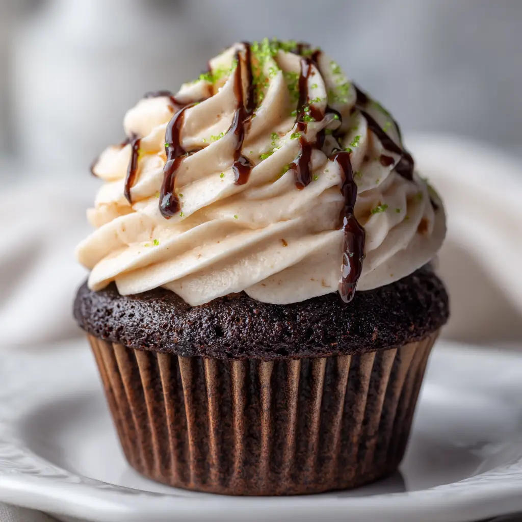 A single St Patricks Day cupcake with a tall swirl of Baileys buttercream frosting, drizzled with chocolate syrup and topped with green sprinkles.