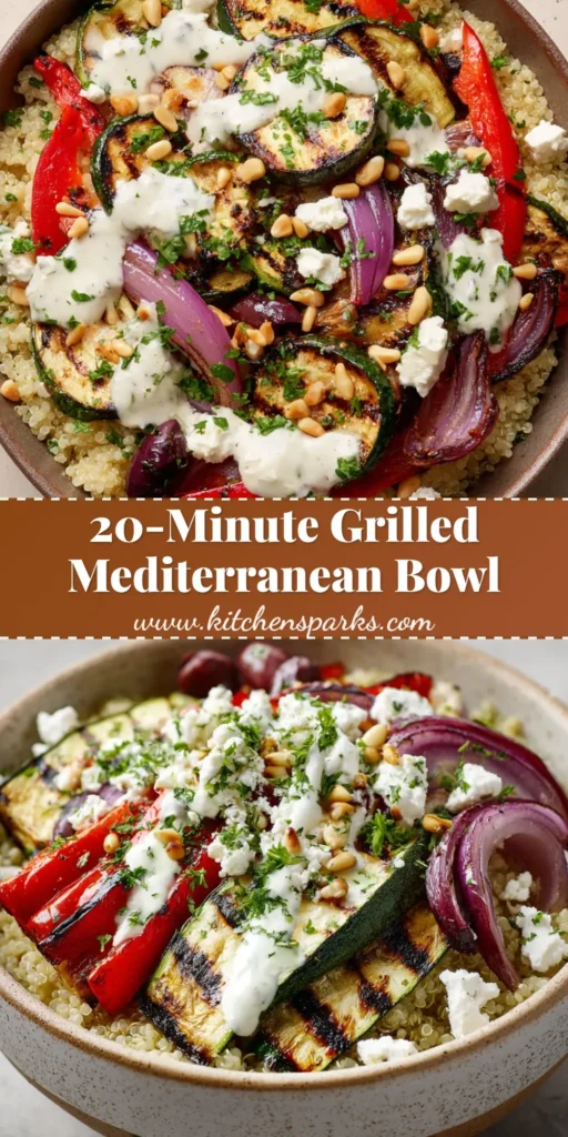 A rustic ceramic bowl filled with a base of fluffy cooked quinoa, topped with thick charred zucchini slices, grill-marked red bell pepper strips, tender grilled red onion wedges, Kalamata olives, feta cheese, and creamy lemon-herb dressing.