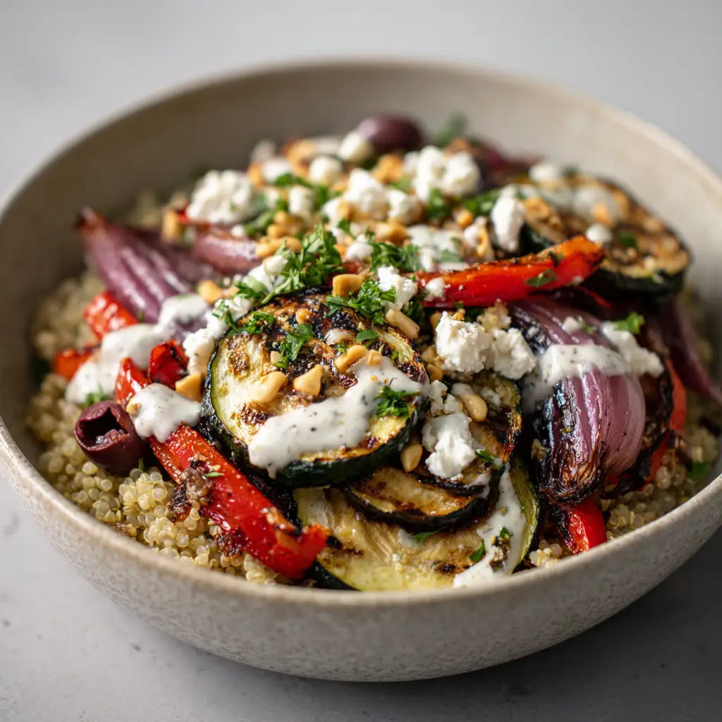 Overhead view of a Grilled Mediterranean Bowl featuring fresh ingredients and a creamy lemon-herb dressing drizzle.