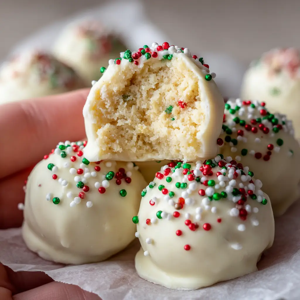 A broken sugar cookie truffle revealing a dense moist pale yellow center and smooth white chocolate coating.