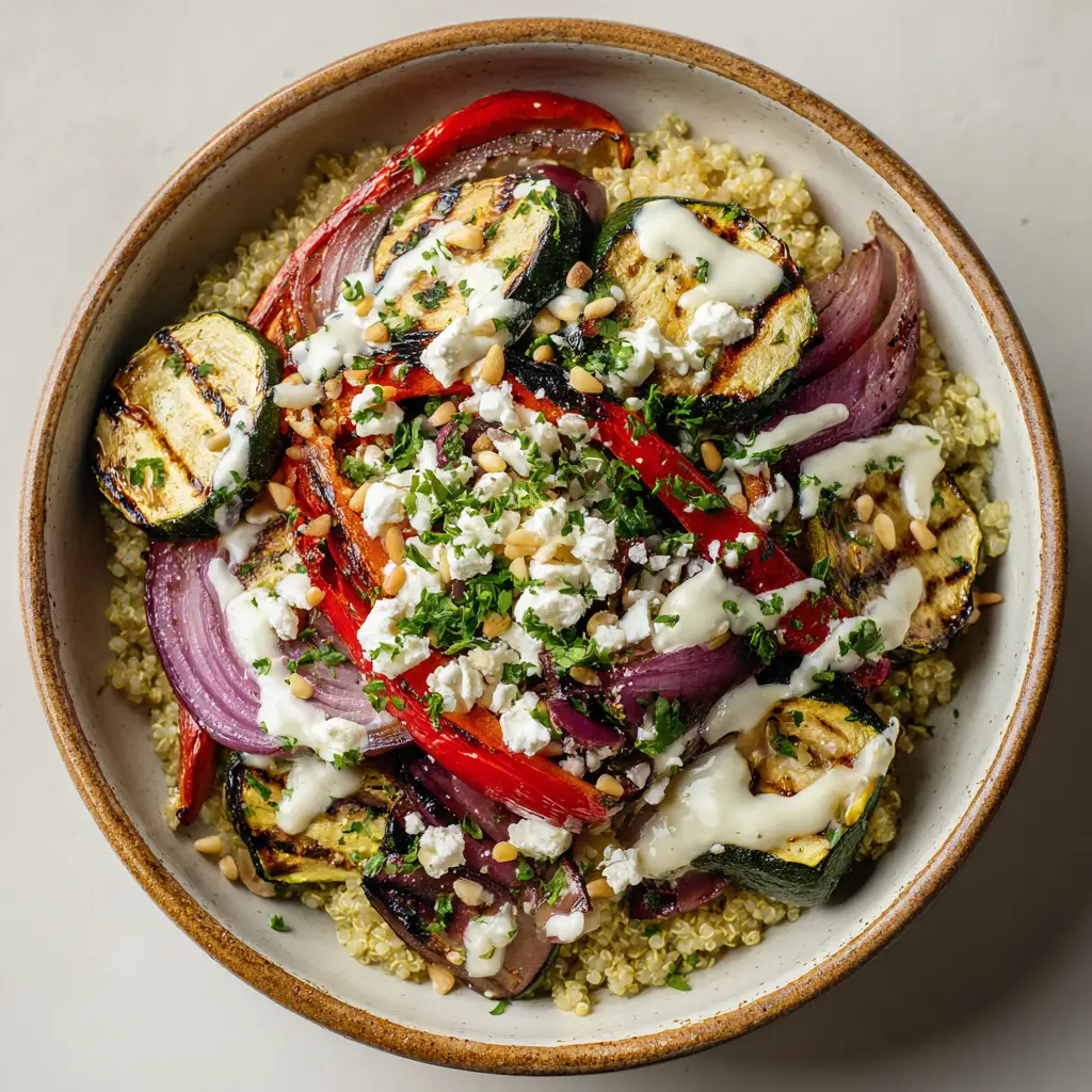 Close-up of thick charred zucchini slices and tender grilled red onion wedges resting on fluffy cooked quinoa.
