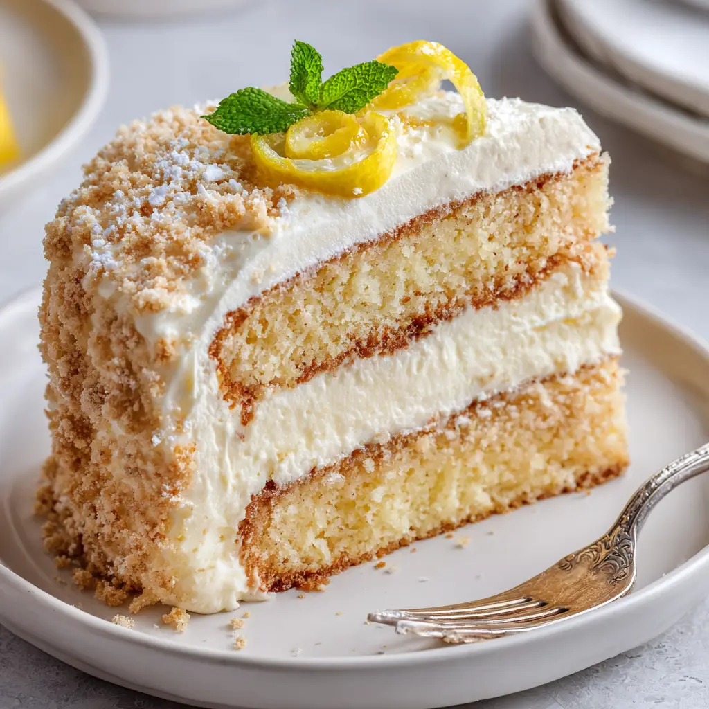 A close-up shot of a single slice of Italian Lemon Cream Cake on a simple white ceramic dessert plate with a silver cake fork beside it.