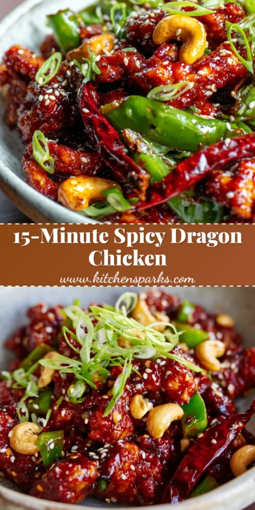 Close-up of crispy Spicy Dragon Chicken coated in a glossy deep red spicy sauce, garnished with scallions and sesame seeds.