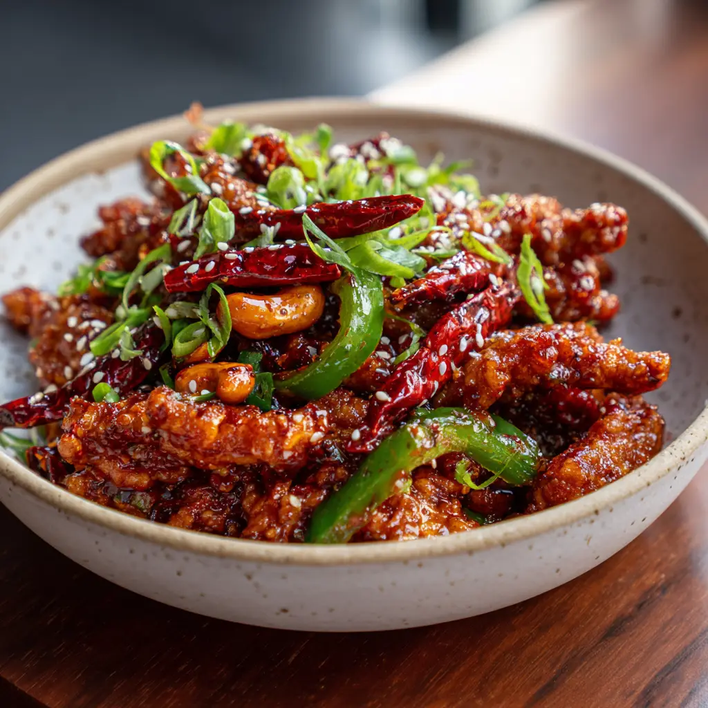 Shatteringly crispy chicken strips glistening in a sticky red spicy sauce on a dark wooden table.