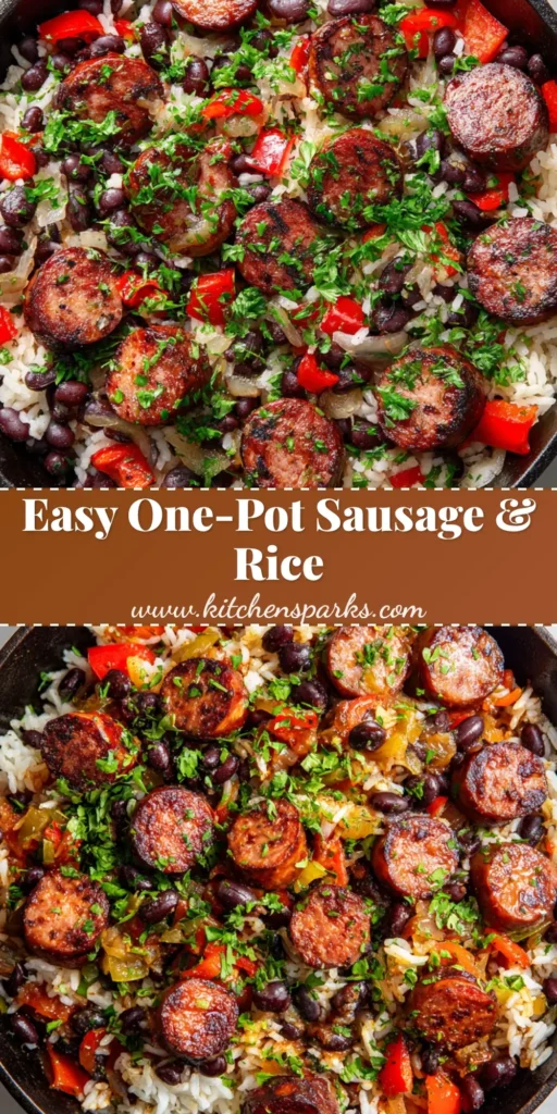 A rustic cast-iron skillet filled with fluffy seasoned white rice, plump whole black beans, and thick diagonal slices of seared smoked sausage with charred edges. (Black Beans and Rice with Sausage)