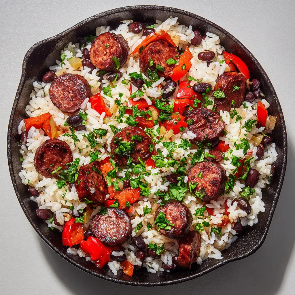 A top-down view of a rustic cast-iron skillet vividly speckled with cooked red bell peppers, translucent onions, and fresh green parsley over white rice and black beans.