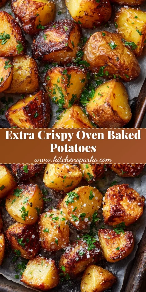 A close-up view of deeply golden brown Crispy Baked Potatoes scattered on parchment paper with a beautiful glossy sheen, sea salt, and fresh parsley.