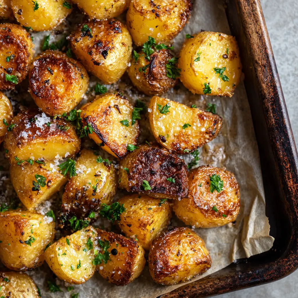 Golden brown crispy baked potatoes dusted with cracked black pepper and bright green chopped fresh parsley.