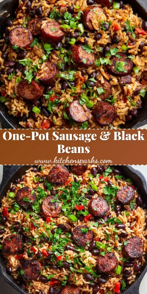 A rustic cast iron skillet filled with fluffy reddish-brown seasoned rice, plump black beans, and charred smoked sausage slices, garnished with fresh parsley, green onions, and red bell peppers.