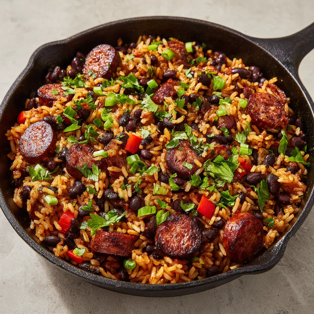 Searing thick diagonal slices of smoked sausage with charred edges in a rustic cast iron skillet.