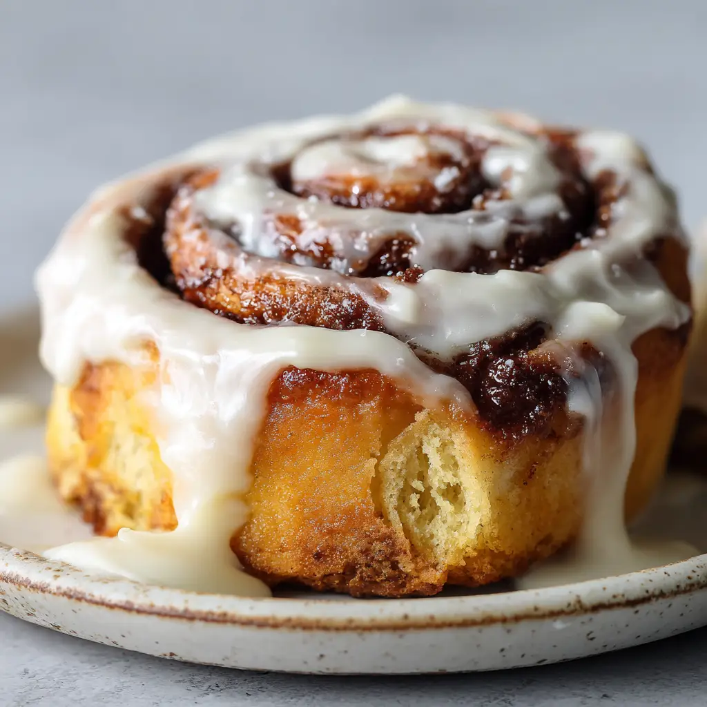 Close-up of baked low carb cinnamon rolls with dark gooey brown cinnamon filling bubbling up.