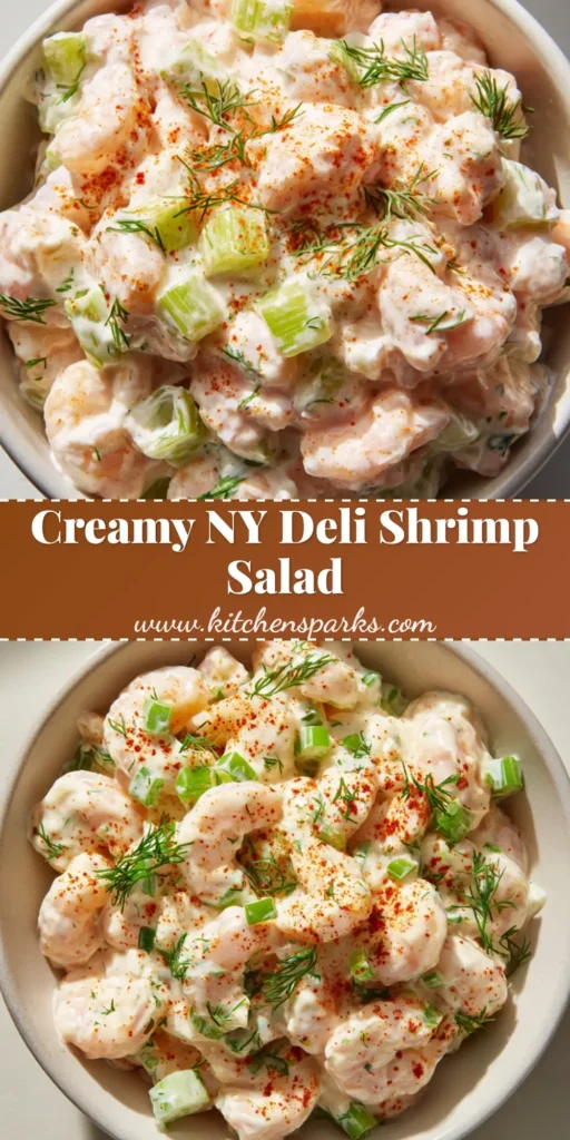 A top-down view of thick, creamy New York Deli Shrimp Salad in a white bowl, garnished with green dill and a reddish-orange spice dusting.