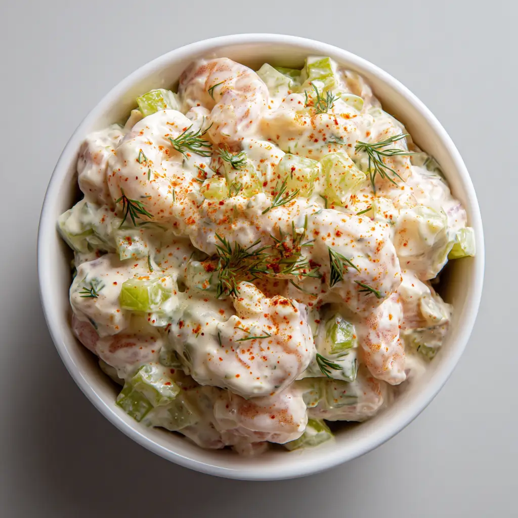 Close-up of plump, pink poached shrimp chunks covered in a glossy mayonnaise dressing with tiny crisp celery squares.