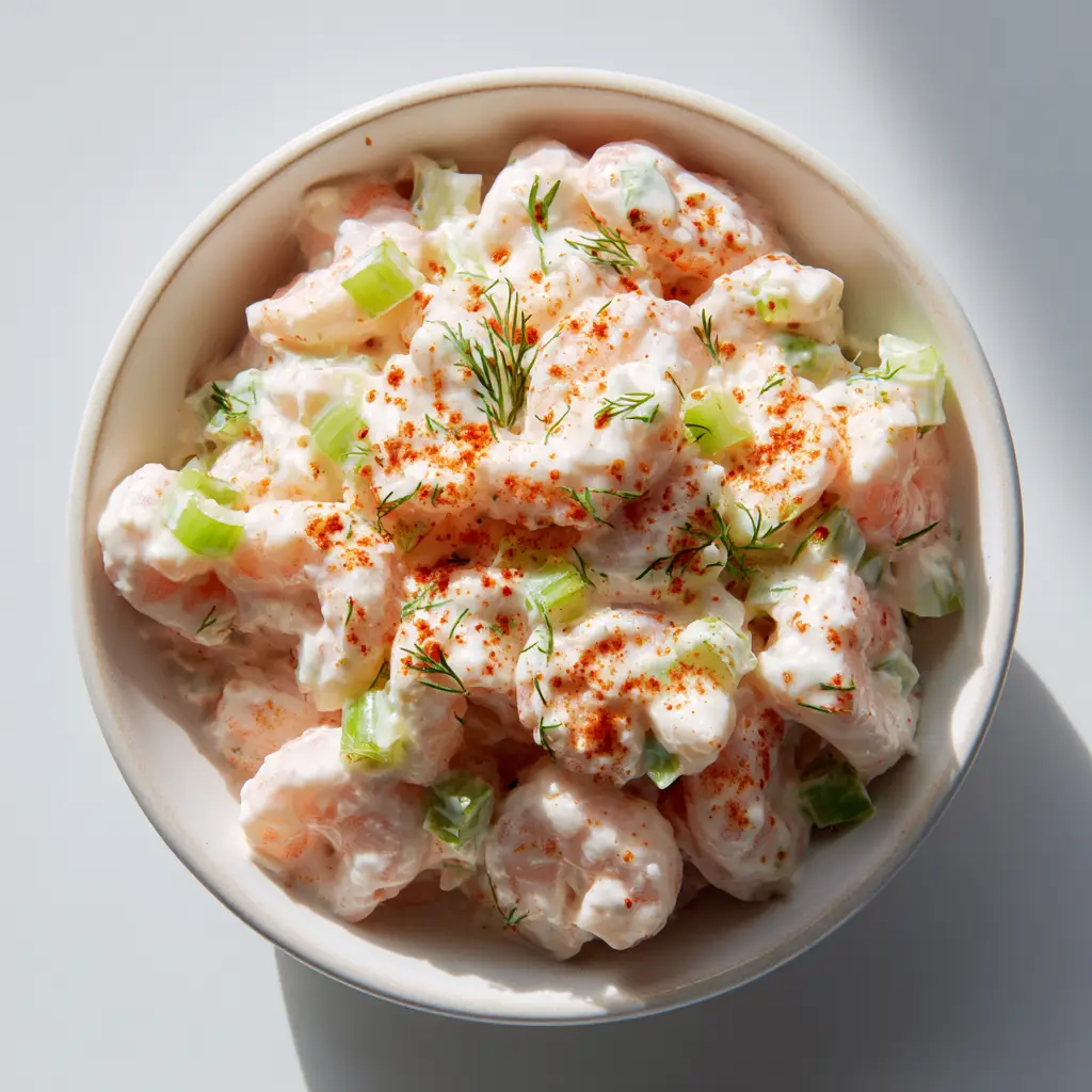 Finished New York Deli Shrimp Salad served in a simple white ceramic bowl resting on a minimalist neutral background.
