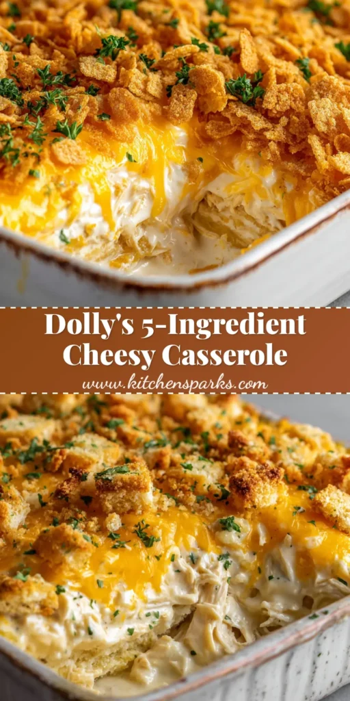 A fresh baked 5-Ingredient Casserole in a white ceramic dish featuring a golden-brown cracker crust, gooey cheddar cheese, and a creamy shredded chicken base garnished with parsley.