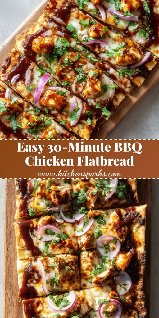 Overhead view of a freshly baked BBQ Chicken Flatbread on a wooden cutting board, sliced into even squares with melted bubbly cheese and cilantro.