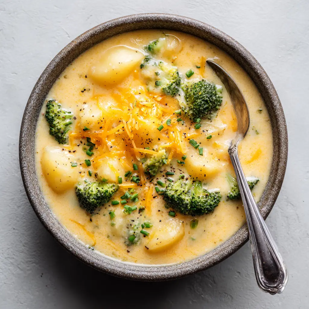 A close-up of tender chunks of cooked golden potato and bright green steamed broccoli in cheddar soup.