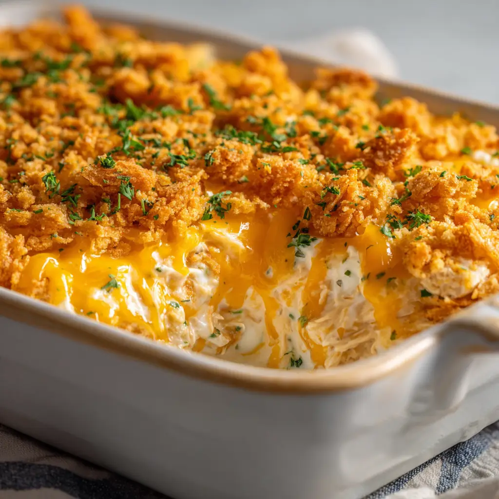 Close up of 5-Ingredient Casserole bubbling slightly at the edges with a thick layer of melted cheddar and crispy golden cracker crust.