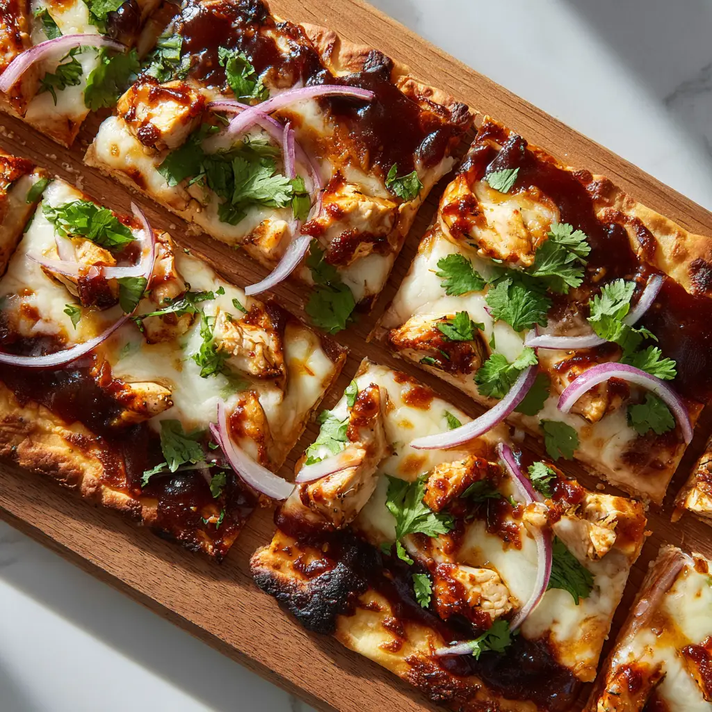 Close up of a rectangular BBQ Chicken Flatbread showing golden-brown charred edges, glossy barbecue sauce, and light golden-brown toasted spots on the cheese.