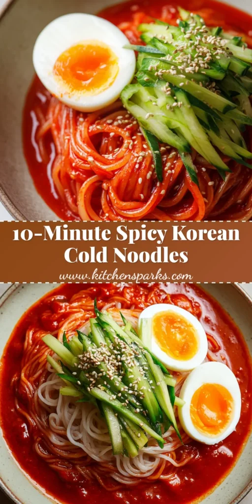 A close-up view of Bibim Guksu featuring thin somen noodles coated in a glossy crimson-red spicy sauce, topped with julienned cucumber and a soft-boiled egg.