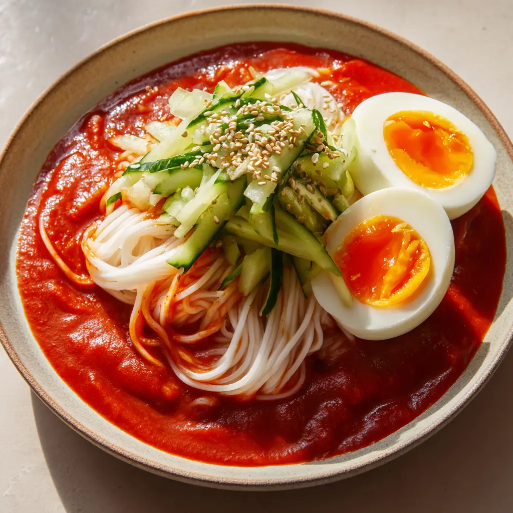 Ingredients for Bibim Guksu arranged neatly on a neutral background, bathed in soft natural daylight.