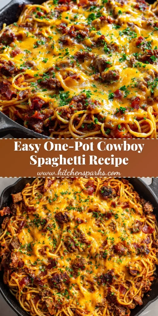 A rustic black cast-iron skillet filled with one-pot cowboy spaghetti topped with melted cheddar cheese, smoked sausage, bacon, and ground beef.