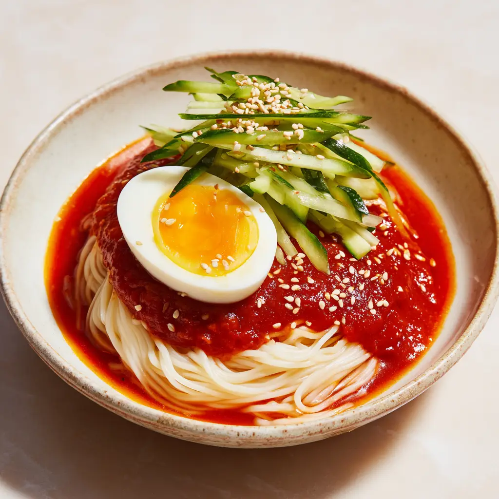 Close-up of thin white wheat somen noodles thoroughly coated in a vibrant crimson-red spicy sauce in a shallow ceramic bowl.