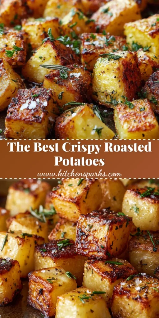 A close up shot of cubed crispy oven-roasted potatoes piled perfectly on a dark metal baking sheet with heavily caramelized edges, coarse sea salt, cracked black pepper, dried rosemary needles, and fresh green parsley.