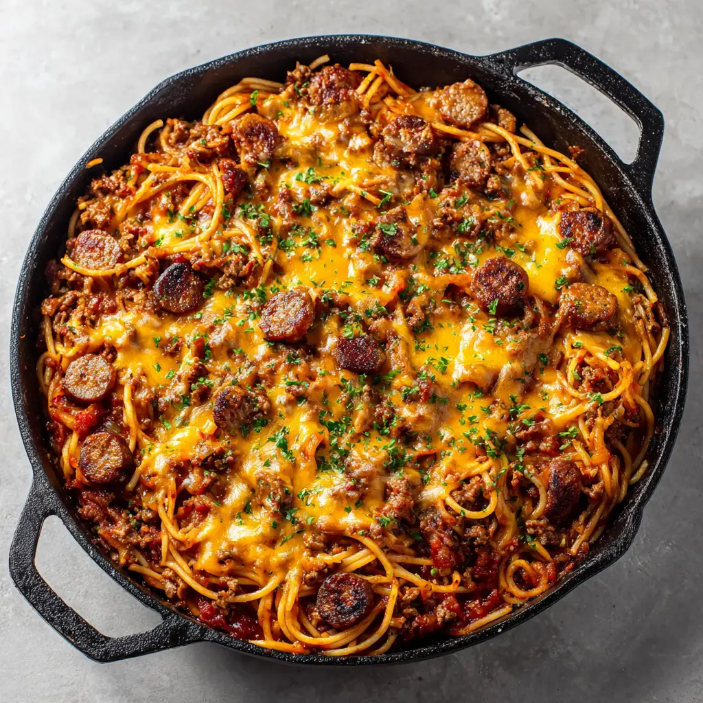 A heavy blanket of thick, melted bright orange sharp cheddar cheese pulling slightly in bubbly strands over cowboy spaghetti.