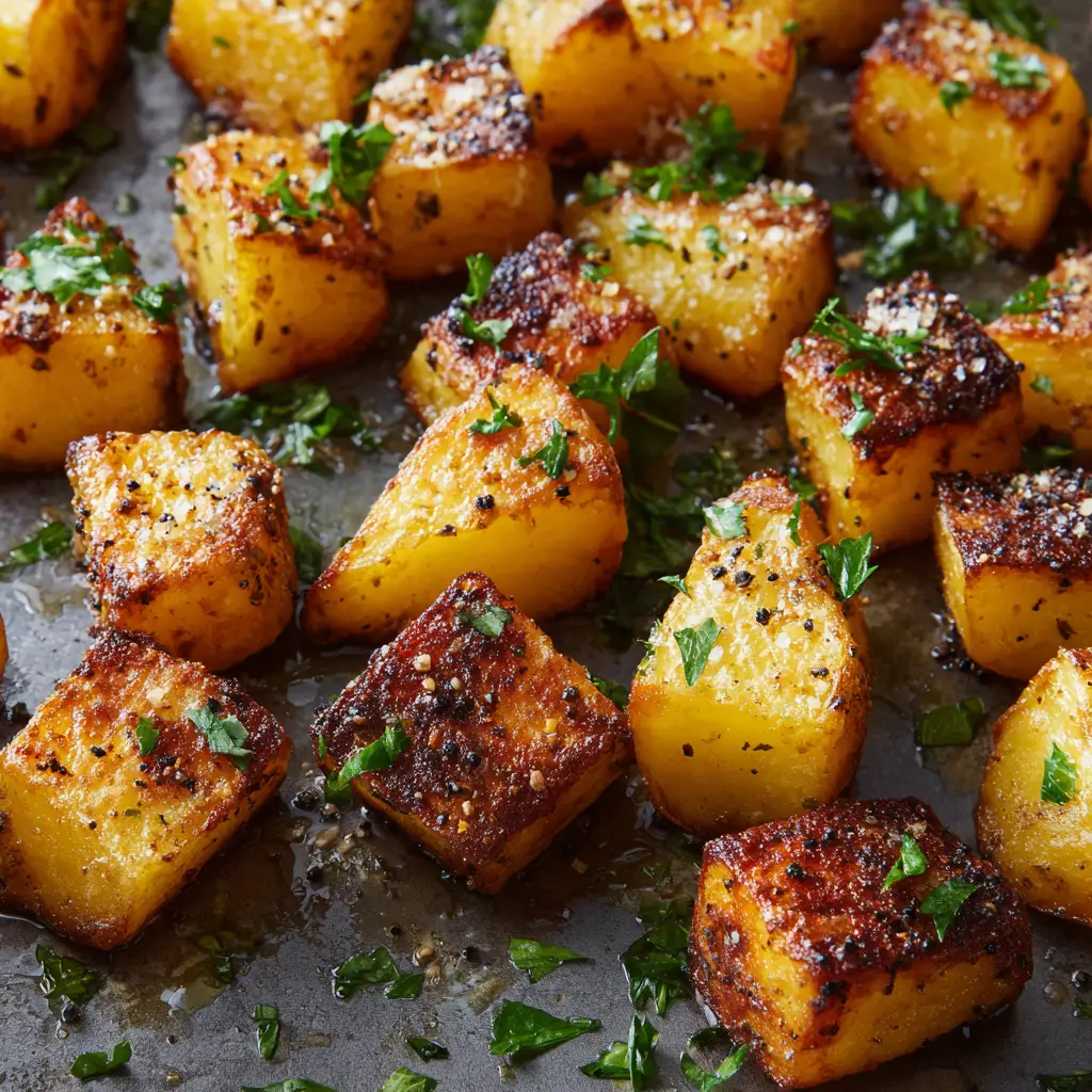 Baking sheet full of deep golden brown roasted potatoes with slightly charred corners revealing a soft, fluffy pale yellow interior.