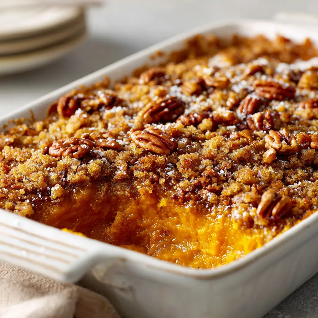 A scooped portion of Gluten-Free Pumpkin Dump Cake revealing the thick, creamy, vibrant orange spiced pumpkin custard layer underneath the crunchy topping.