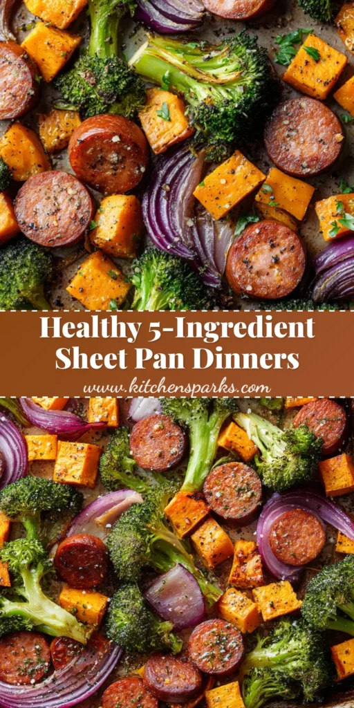 A rustic metal tray loaded with winter sheet pan dinners featuring roasted sweet potatoes, charred broccoli, and caramelized smoked sausage.