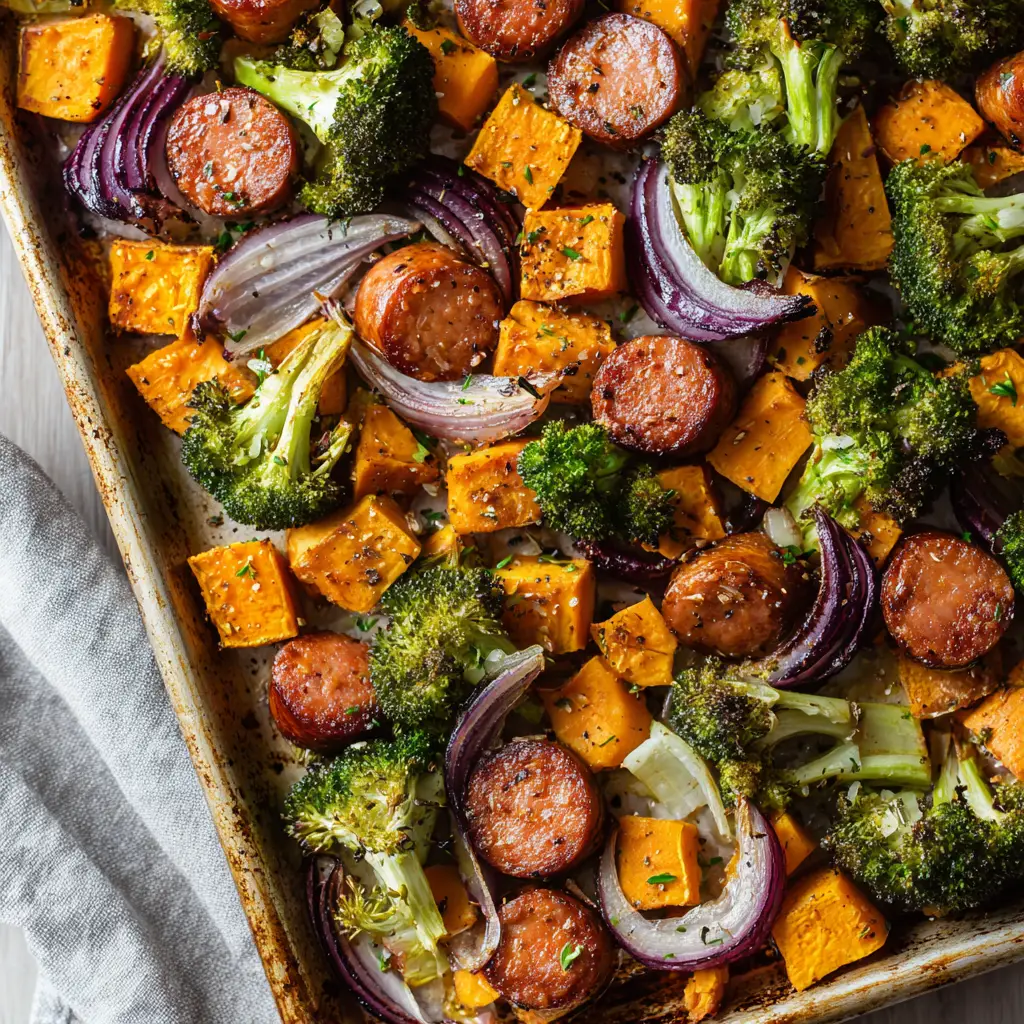 Freshly baked winter sheet pan dinner showcasing roasted sweet potato cubes with lightly browned edges and thick diagonal slices of smoked sausage.