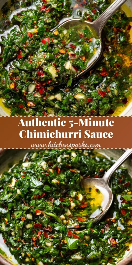 A close up shot of authentic chimichurri sauce in a rustic shallow ceramic bowl, showing a vibrant oily suspension of minced parsley and red chili flakes.