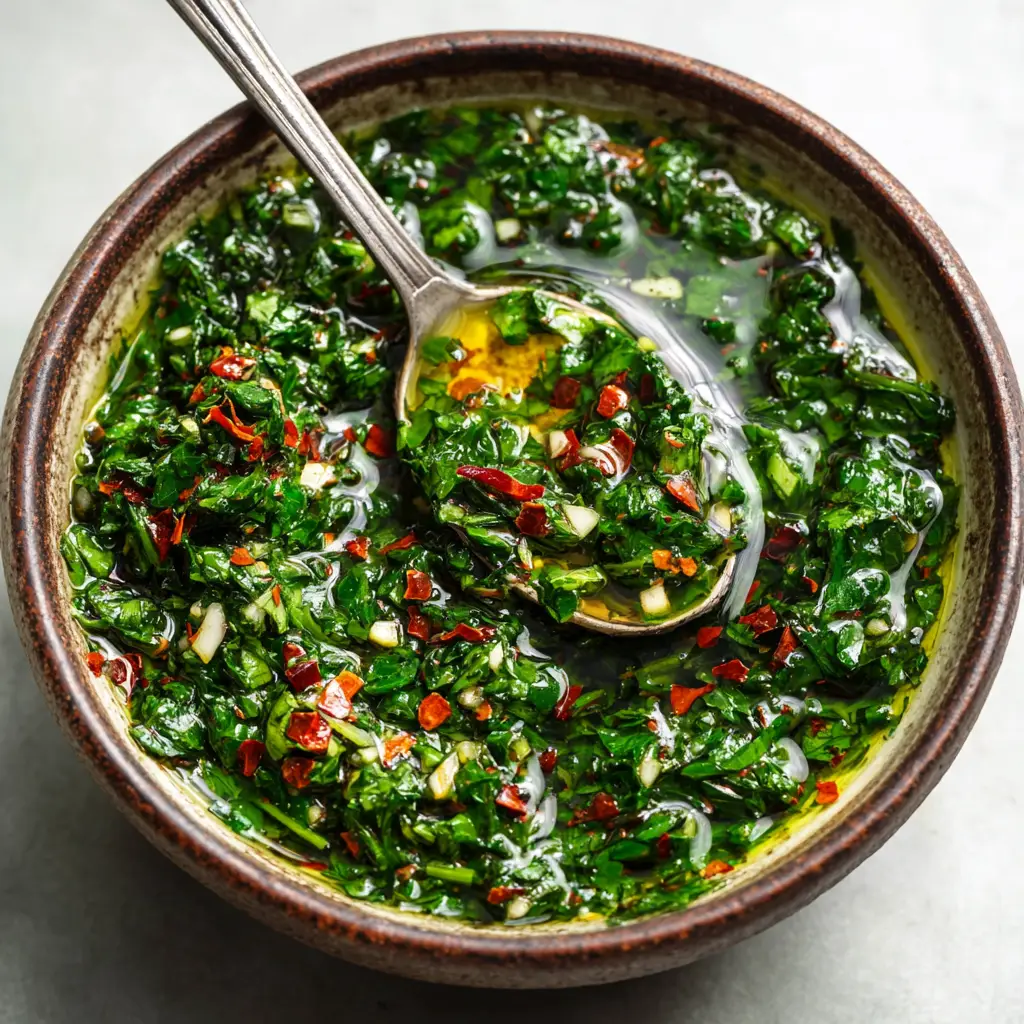 Glistening extra virgin olive oil pooling slightly at the edges of a bowl filled with chimichurri sauce, mixed with red wine vinegar and bright red chili flakes.