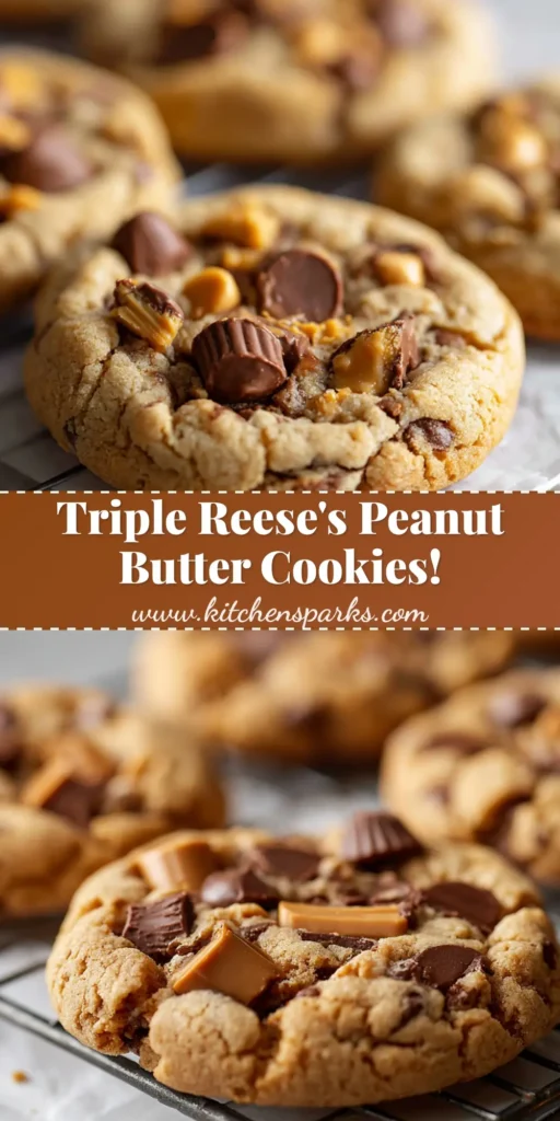 A stack of thick, soft-baked Triple Reese's Peanut Butter Cookies loaded with peanut butter chips, chocolate chips, and gooey Reese's cups.
