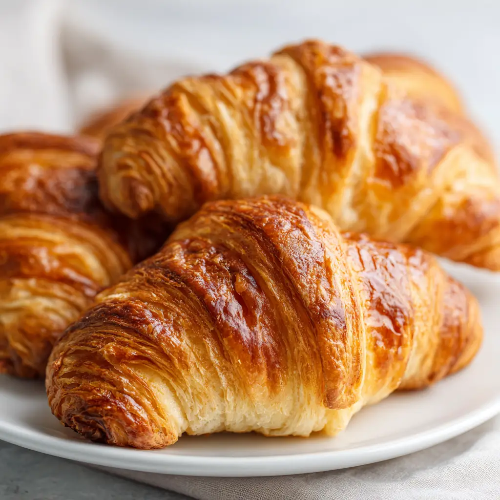 Golden-brown homemade croissants showing tightly coiled, paper-thin laminated dough layers and a glossy butter finish.