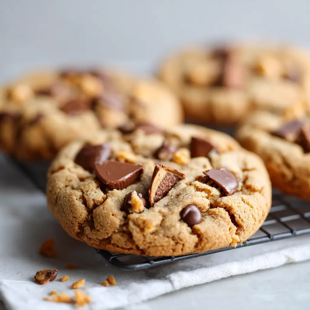 Gooey, partially melted chunks of Reese's peanut butter cups visibly pressed into the top layer of a cookie.