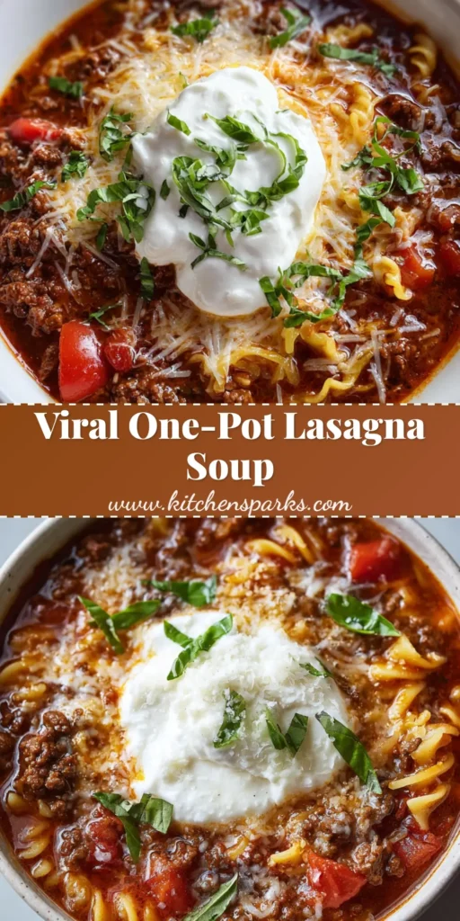 A rustic white ceramic bowl filled with hearty TikTok Lasagna Soup, featuring a dollop of ricotta cheese, melted mozzarella, parmesan, and fresh basil.