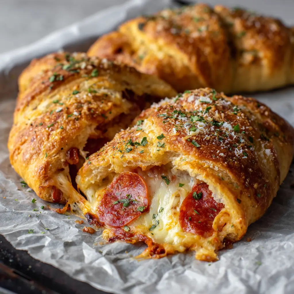 A freshly baked pizza crescent roll on crinkled parchment paper, topped with green parsley flakes and fine granules of grated parmesan cheese.