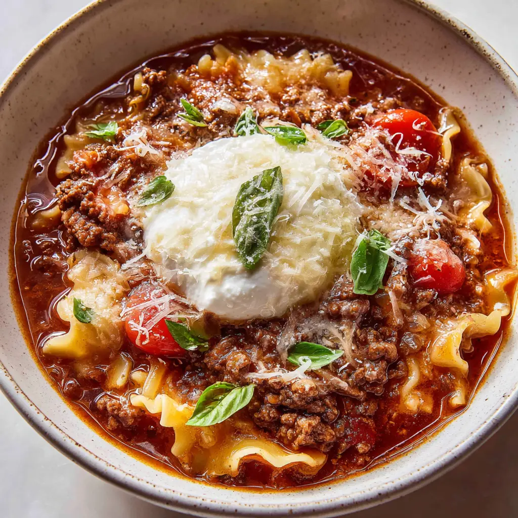 A thick dark red tomato broth simmering in a pot with browned ground beef crumbles and wavy broken lasagna noodles.