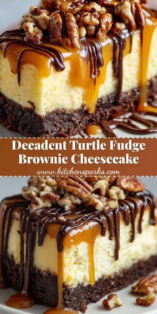 A towering slice of Turtle Brownie Cheesecake with a dense dark chocolate crust, topped with golden caramel, pecans, and chocolate ganache.